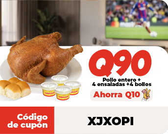 Cupón Q90 - Pollo entero + 4 ensaladas + 4 bollos